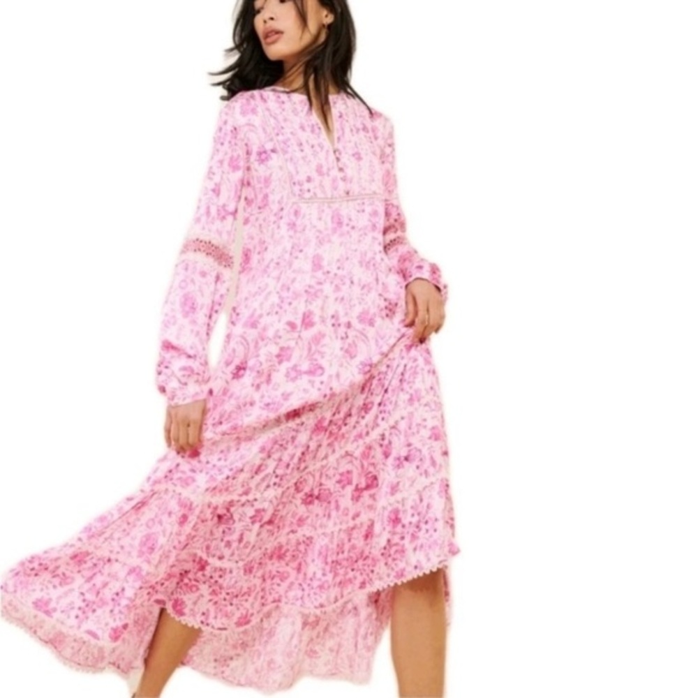 Anthropologie Jayal Pain Dress Floral Cotton Blend Long Sleeve Midi in Pink
